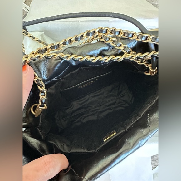 Authentic Black Chanel Glazed Aged Calfskin Mini 22 Bag Gold Hardware 2023. - Picture 10 of 13